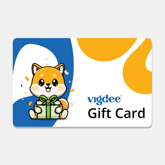 Vigdee gift card featuring a cute fox mascot holding a present